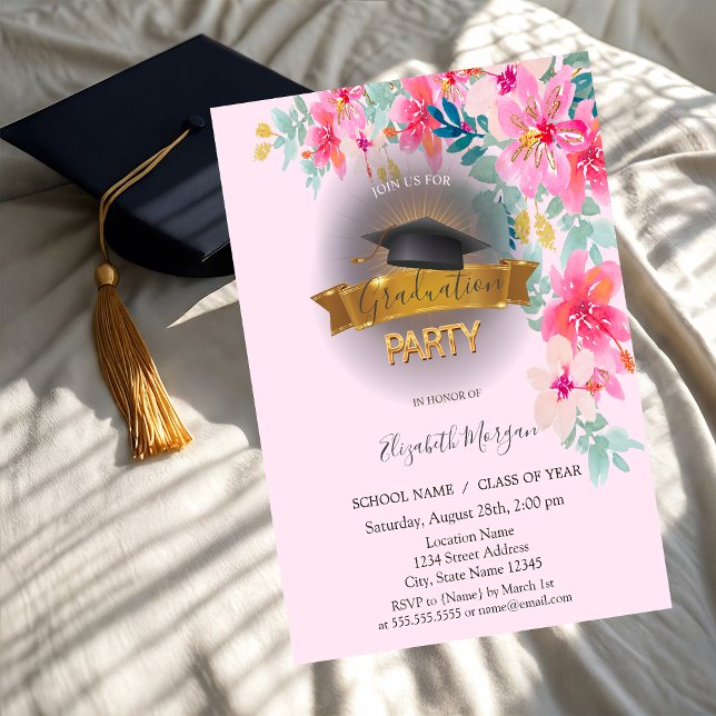 Black Grad Cap,Spring Flowers Graduation  Invitation (Creator Uploaded)