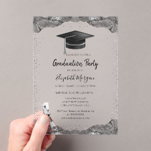 Black Grad Cap,Wine Glass Confetti Graduation Acrylic Invitations