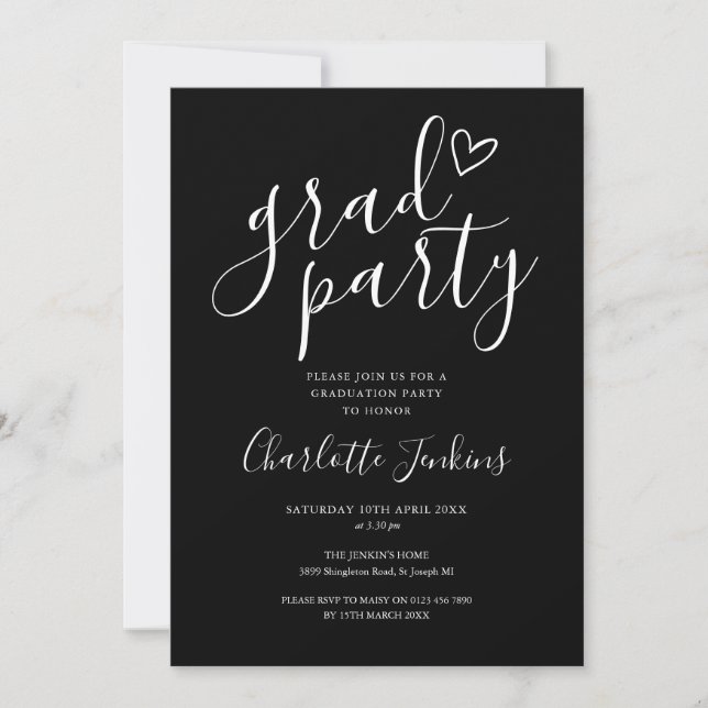 Black Grad Party Script Heart Graduation Party Invitation (Front)