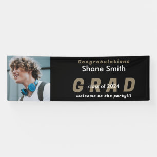 Black Grad Photo Gold Text Graduation Banner