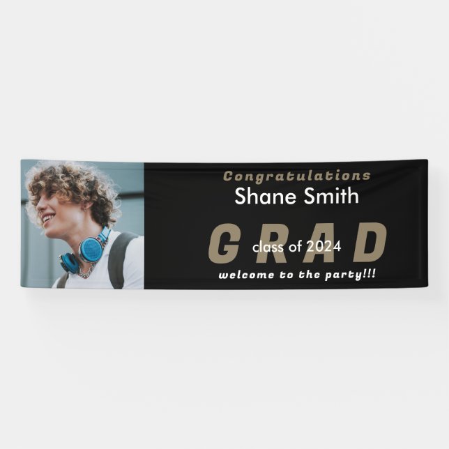 Black Grad Photo Gold Text Graduation Banner (Horizontal)