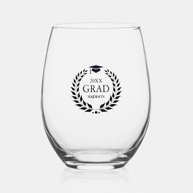 Black Grad Typography Laurel Wreath Stemless Wine Glass (Front)