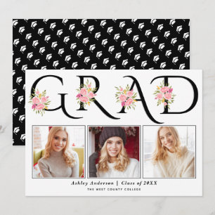 Black GRAD typography pink roses photo graduation Announcement