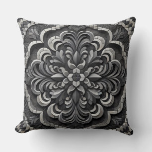 Black Gradient Mandala: Deep Mosaic Art Cushion