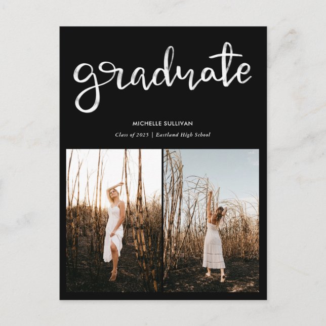 Black Graduate Elegant Script | Grad Two Photos Announcement Postcard (Front)