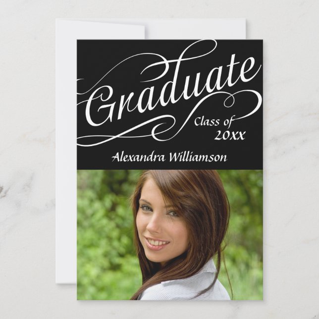 Black Graduate Swirly Script | Graduation Invitation (Front)