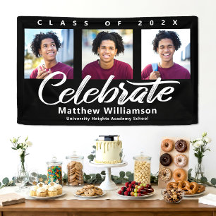 Black Graduation 3 Photo Bold White Script Minimal Banner