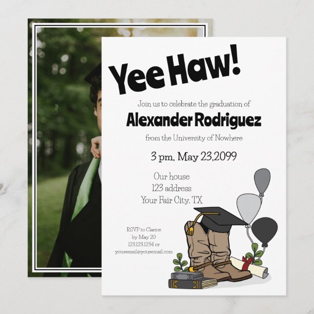 Black Graduation Cap Cowboy Boot Arrangement Invitation (Front/Back)