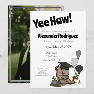 Black Graduation Cap Cowboy Boot Arrangement Invitation
