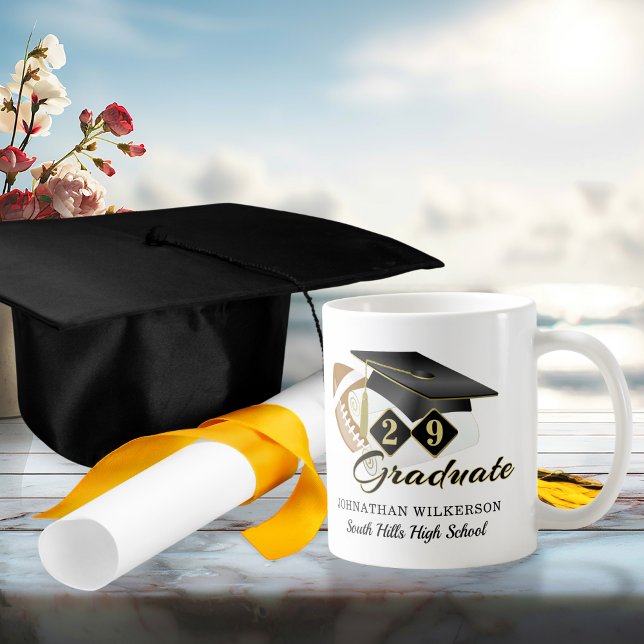 Black Graduation Cap Football Personalised Coffee Mug (Black Graduation Cap Football Personalized Coffee Mug)
