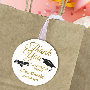 Black Graduation Cap Gold Thank You Script Favor Classic Round Sticker