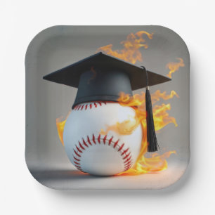 Black Graduation Cap On a Flaming Baseball Paper Plate
