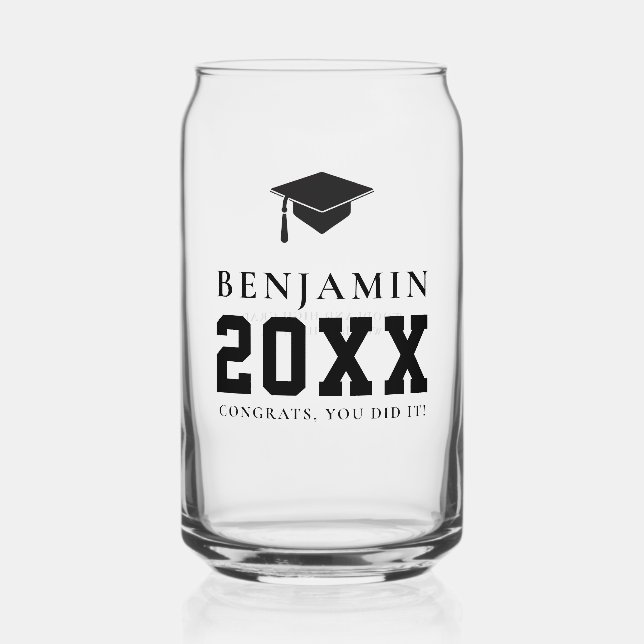 Black Graduation Cap Personalised Simple Grad Gift Can Glass (Front)