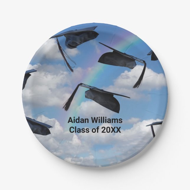 Black graduation caps in sky with rainbow paper plate (Front)