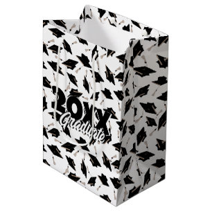Black Graduation Caps Tossed in the Air on White Medium Gift Bag