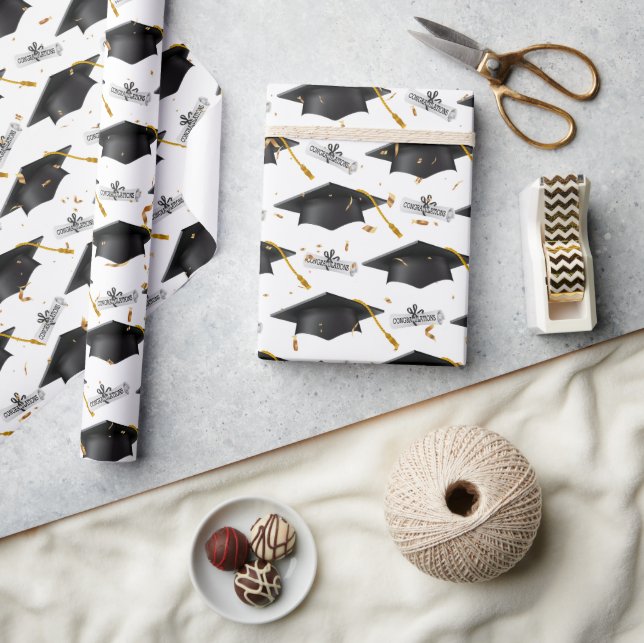 Black Graduation Caps with Diplomas Wrapping Paper (Crafts)