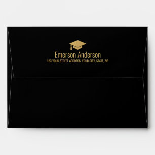 Black graduation envelope with golden graduate hat