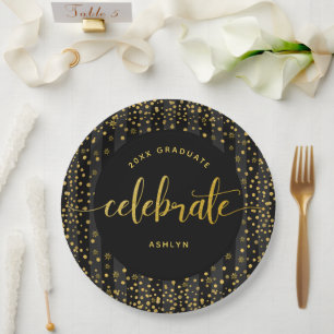Black graduation gold glitter script confetti name paper plate