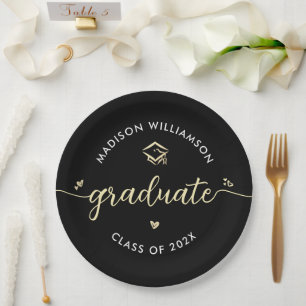 Black Graduation Gold Script Hearts Cap Modern Fun Paper Plate