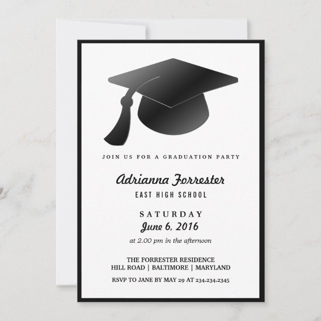 Black Graduation Hat Modern Graduation Party Invitation (Front)