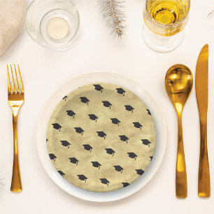 Black Graduation Hat On Gold Stylish Grad Party Paper Plate