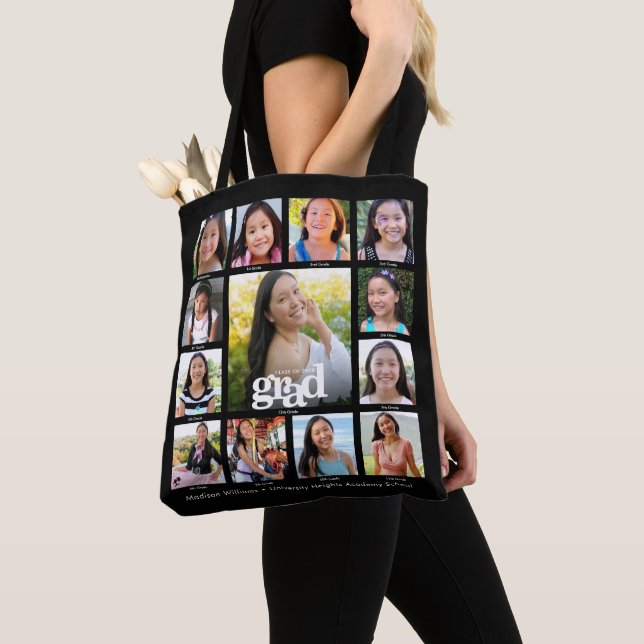 Black Graduation K–12 Bold Modern Photo Collage Tote Bag (Close Up)