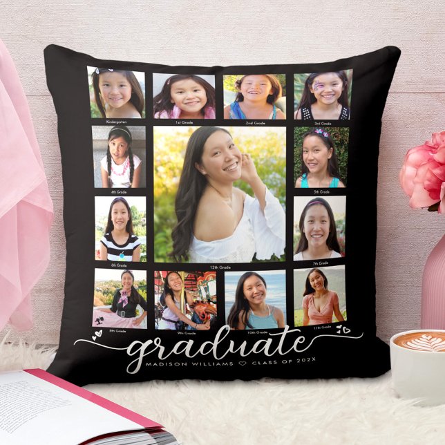Black Graduation K–12 Modern Script Photo Collage  Cushion (Creator Uploaded)