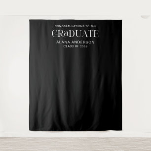 Black Graduation Party Modern Backdrop with Name Tapestry