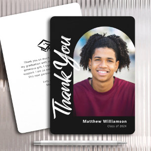 Black Graduation Photo Bold Arch White Script Type Thank You Card