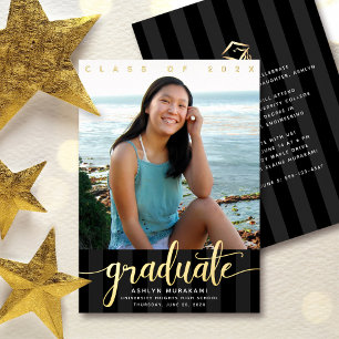 Black Graduation Photo Elegant Script Real Gold