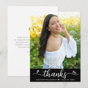Black Graduation Photo Modern Elegant Script Heart Thank You Card