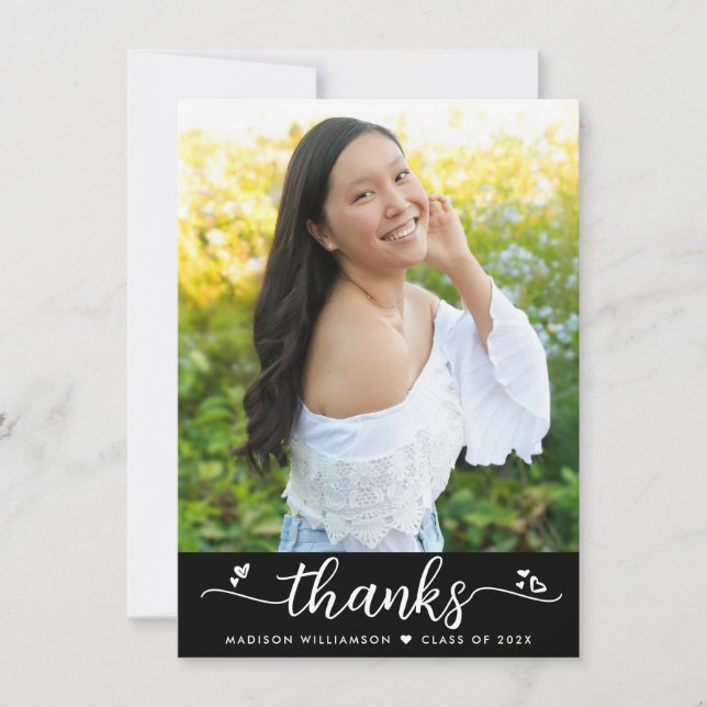 Black Graduation Photo Modern Elegant Script Heart Thank You Card (Front)