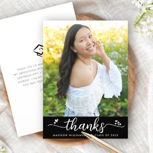 Black Graduation Photo Modern Elegant Script Heart Thank You Card