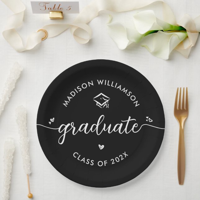 Black Graduation White Modern Script Hearts Cap Paper Plate (Wedding)