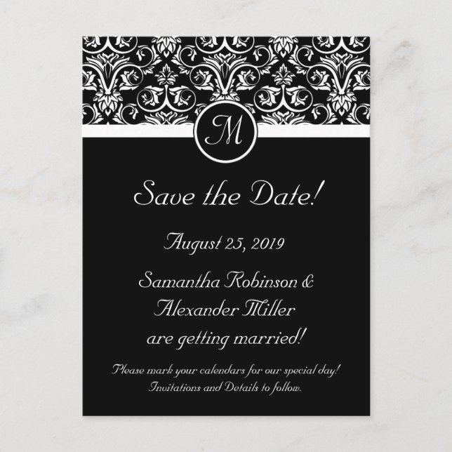 Black Grand Insignia Monogram Save the Date Announcement Postcard (Front)
