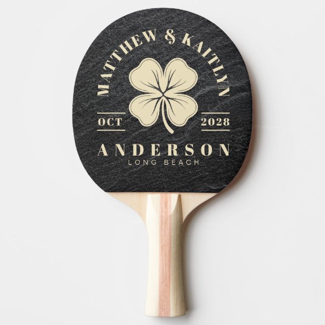 Black Granite Stone Irish Clover Wedding Crest Ping Pong Paddle (Front)