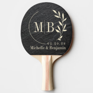 Black Granite Stone Leaf Wedding Monogram Ping Pong Paddle