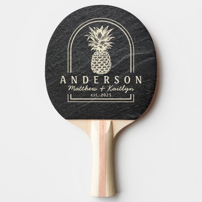 Black Granite Stone Pineapple Wedding Arch & Name Ping Pong Paddle (Front)