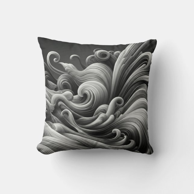 Black Gray and White Waves Cushion (Front)