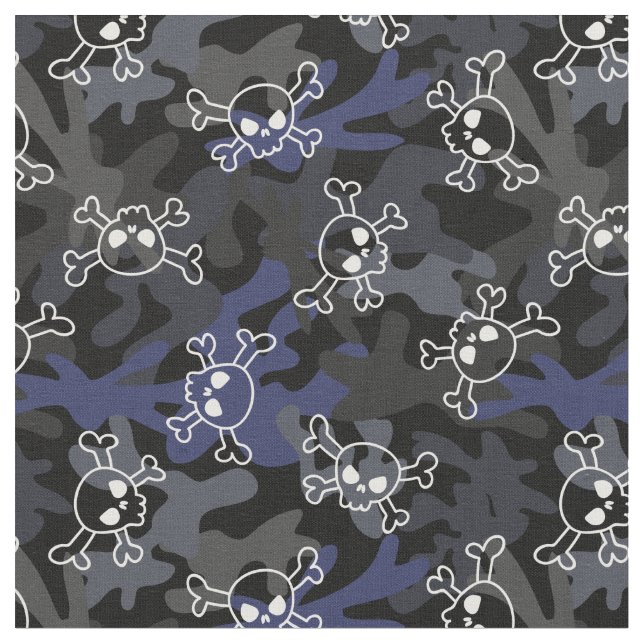 Black Gray Blue Camo Pattern Skulls Fabric (Close Up)