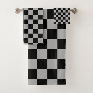 Black + Gray Check Checkered Checkerboard Pattern Bath Towel Set