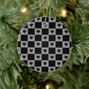 Black&Gray Checkered Tile With Hearts Pattern Ceramic Tree Decoration