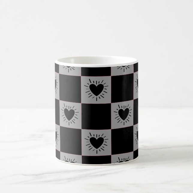 Black&Gray Checkered Tile With Hearts Pattern Coffee Mug (Center)