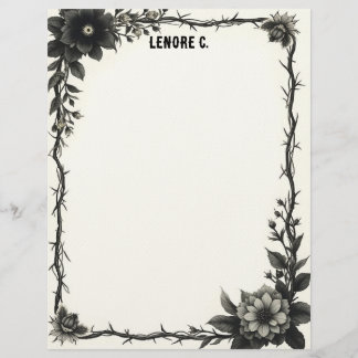 Black & Gray Flowers Thorny Frame Stationery Paper Custom Letterhead