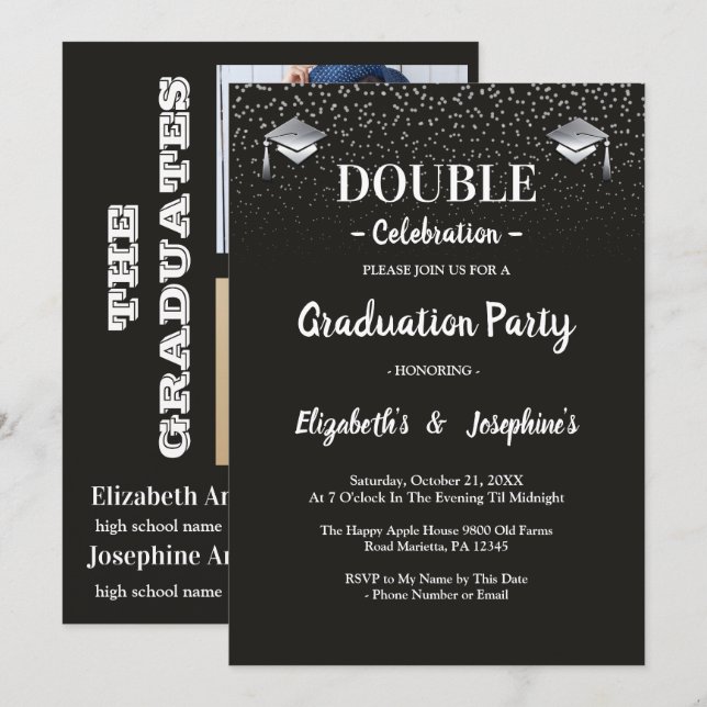 Black Gray joint Celebration Graduation 2 photos Invitation (Front/Back)