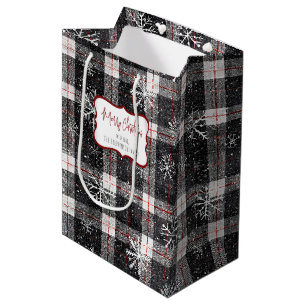 Black Gray Plaid Snowflakes Personalized Medium Gift Bag