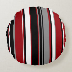 Black, Gray Red and White Stripes   Round Cushion