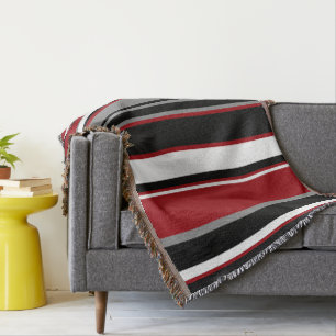 Black, Gray Red and White Stripes Throw Blanket