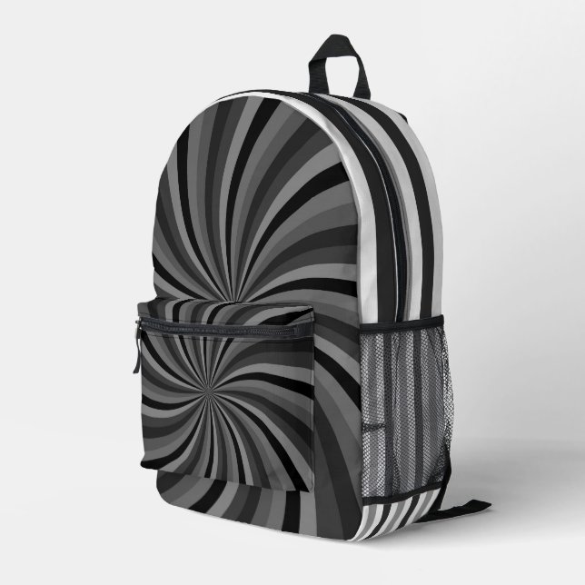 BLACK & GRAY SUNBURST AND STRIPES PRINTED BACKPACK (Back Corner Right)