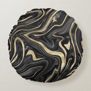 Black Gray White Gold Marble #1 Round Cushion
